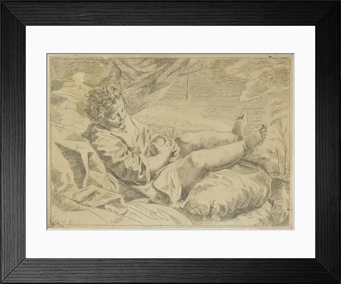 Framed Print : A child sleeping on a cushion, holding a piece of fruit (?), a curtain behind him... 17th century. Creator: Anon Framed Print : A child sleeping on a cushion, holding a piece of fruit (?), a curtain behind him... 17th century. Creator: Anon