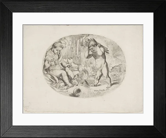 Framed Print : Putto at left by a fire, another at right carrying wood, an allegory of the seasons, ca.1650-80. Creator: Anon Framed Print : Putto at left by a fire, another at right carrying wood, an allegory of the seasons, ca.1650-80. Creator: Anon