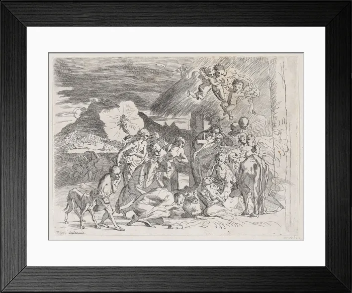 Framed Print : The adoration of the shepherds who gather at left, angels holding a banderole upper r... 1700-1800. Creator: Anon Framed Print : The adoration of the shepherds who gather at left, angels holding a banderole upper r... 1700-1800. Creator: Anon