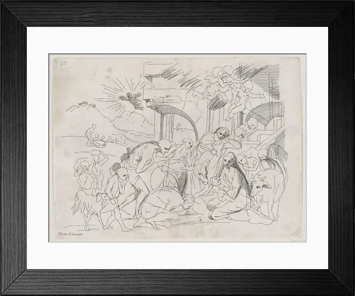 Framed Print : The adoration of the shepherds who gather at left, angels holding a banderole upper r... 1700-1800. Creator: Anon Framed Print : The adoration of the shepherds who gather at left, angels holding a banderole upper r... 1700-1800. Creator: Anon