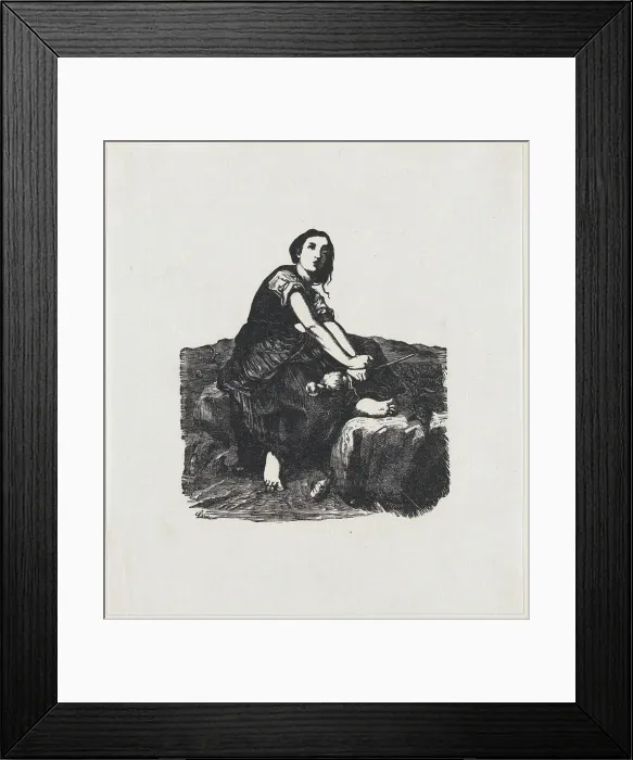 Framed Print : Girl seated on a rock holding a distaff, ca. 1800-1899. Creator: Anon Framed Print : Girl seated on a rock holding a distaff, ca. 1800-1899. Creator: Anon