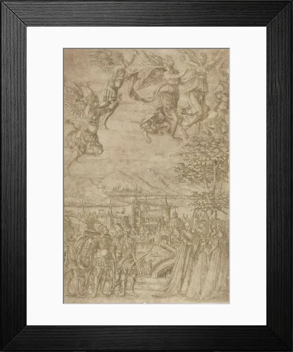 Framed Print : A King and His Retinue Confronting Ladies under a Celestial Battle, c. 1600. Creator: Unknown