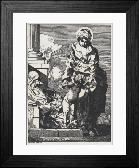 Framed Print : The Madonna helping baby Jesus take his first steps while Elizabeth reclines, ca. 1800-1899. Creator: Anon Framed Print : The Madonna helping baby Jesus take his first steps while Elizabeth reclines, ca. 1800-1899. Creator: Anon