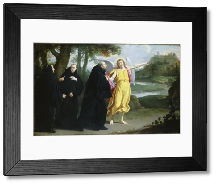 Framed Print : Scène de la vie de saint Benoît : l'ange désignant à saint Benoît l'emplacement du... c1656. Creator: Philippe de Champaigne Framed Print : Scène de la vie de saint Benoît : l'ange désignant à saint Benoît l'emplacement du... c1656. Creator: Philippe de Champaigne