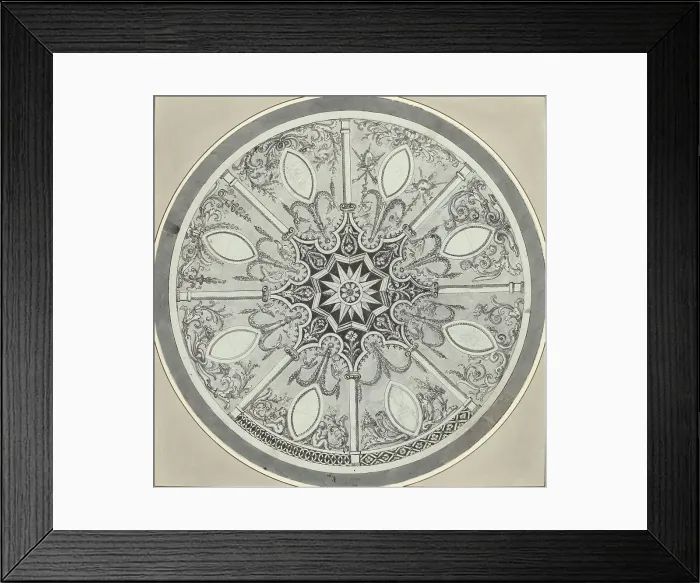 Framed Print : Design for an Inlaid Circular Table Top, with Alternatives, c. 1800. Creator: Unknown Framed Print : Design for an Inlaid Circular Table Top, with Alternatives, c. 1800. Creator: Unknown