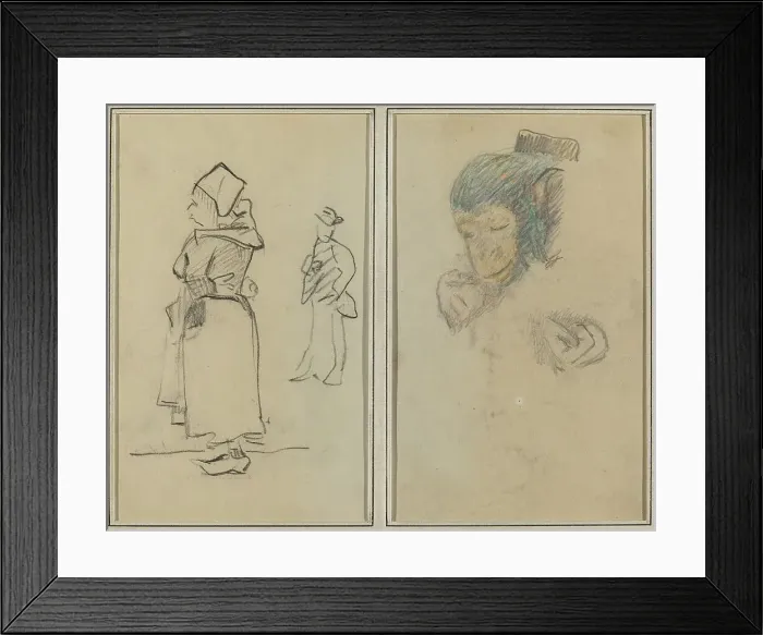 Framed Print : A Breton Woman and a Standing Man; Head and Hand of a Monkey [recto], 1884-1888. Creator: Paul Gauguin