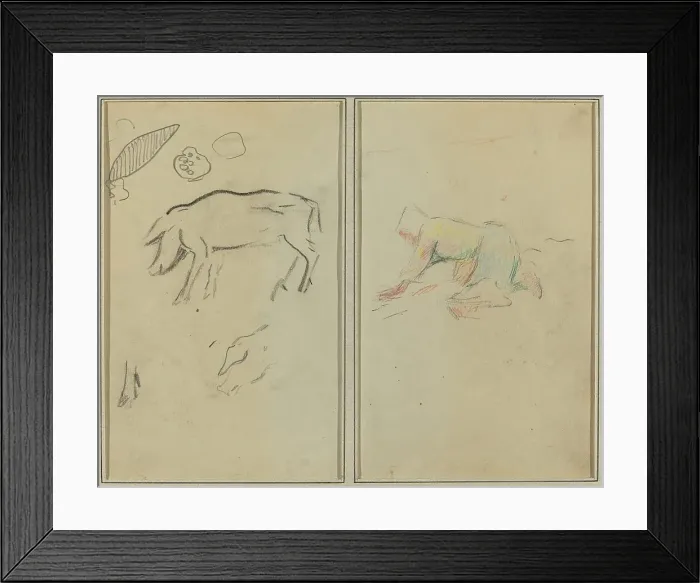 Framed Print : A Pig; Breton Peasant Kneeling [verso], 1884-1888. Creator: Paul Gauguin