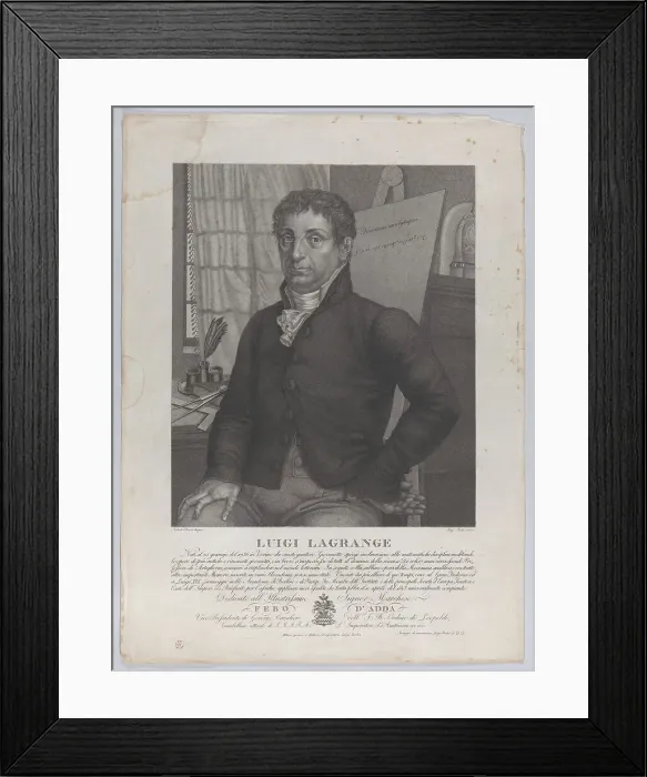 Framed Print : Portrait of Luigi Lagrange, seated with an easel behind him at right with a mathematical e... 1827. Creators: Luigi Rados, Roberto Focosi Framed Print : Portrait of Luigi Lagrange, seated with an easel behind him at right with a mathematical e... 1827. Creators: Luigi Rados, Roberto Focosi