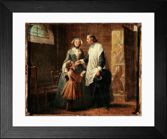Framed Print : L'Abbé de Catéchisme recevant un enfant amené par sa sœur, c1750. Creator: Pierre Louis Dumesnil Framed Print : L'Abbé de Catéchisme recevant un enfant amené par sa sœur, c1750. Creator: Pierre Louis Dumesnil