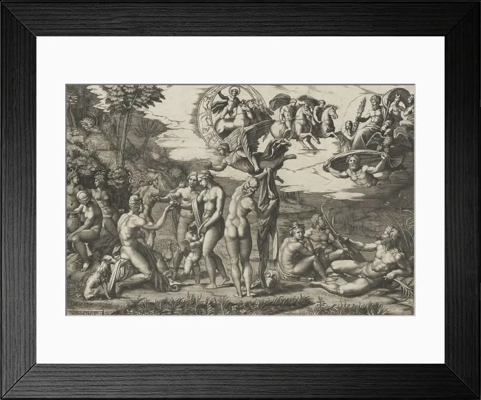 Framed Print : The Judgment of Paris; he is sitting at left with Venus, Juno and Pallas Athena, a... ca. 1510-20. Creator: Marcantonio Raimondi Framed Print : The Judgment of Paris; he is sitting at left with Venus, Juno and Pallas Athena, a... ca. 1510-20. Creator: Marcantonio Raimondi
