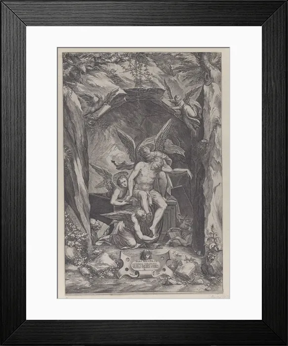 Framed Print : Christ rising from the tomb, assisted by two angels, 1540-83. Creator: Martino Rota Framed Print : Christ rising from the tomb, assisted by two angels, 1540-83. Creator: Martino Rota