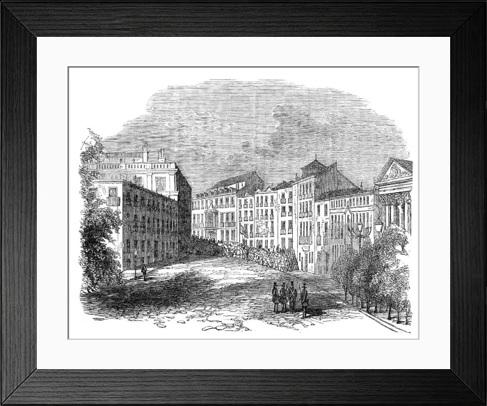 Framed Print : The Insurrection in Spain - Barricades in the Place San Geronimo, near the Prado, Madrid, 1854. Creator: Unknown Framed Print : The Insurrection in Spain - Barricades in the Place San Geronimo, near the Prado, Madrid, 1854. Creator: Unknown