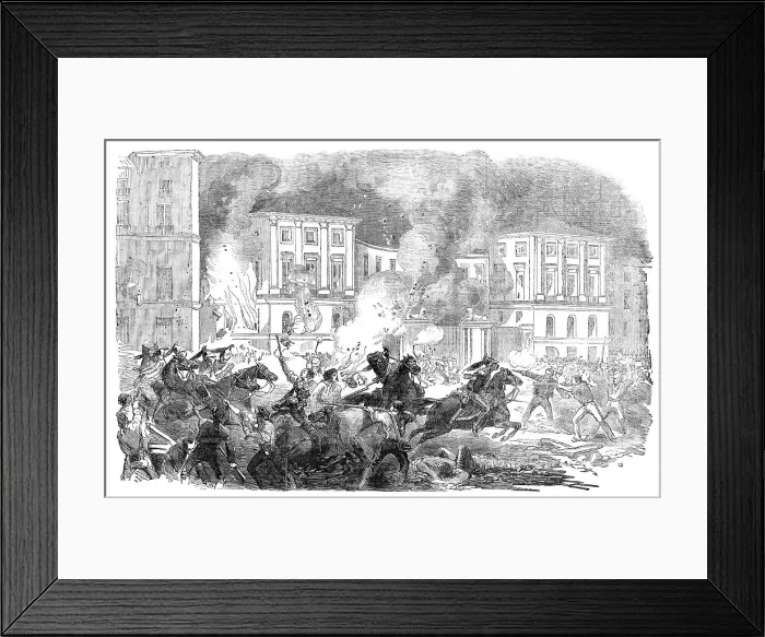Framed Print : The Insurrection in Spain - the Insurgents setting fire to the Palace of Queen Christina... 1854. Creator: Unknown Framed Print : The Insurrection in Spain - the Insurgents setting fire to the Palace of Queen Christina... 1854. Creator: Unknown