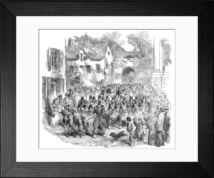 Framed Print : The 5th (French) Regiment of the Line passing through the Porte des Dunes, on their way to... 1854. Creator: Ebenezer Landells Framed Print : The 5th (French) Regiment of the Line passing through the Porte des Dunes, on their way to... 1854. Creator: Ebenezer Landells