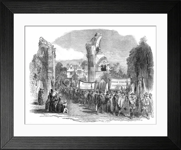 Framed Print : Opening of the Central Somerset Railway - Procession in the Abbey Grounds, at Glastonbury, 1854. Creator: Unknown Framed Print : Opening of the Central Somerset Railway - Procession in the Abbey Grounds, at Glastonbury, 1854. Creator: Unknown