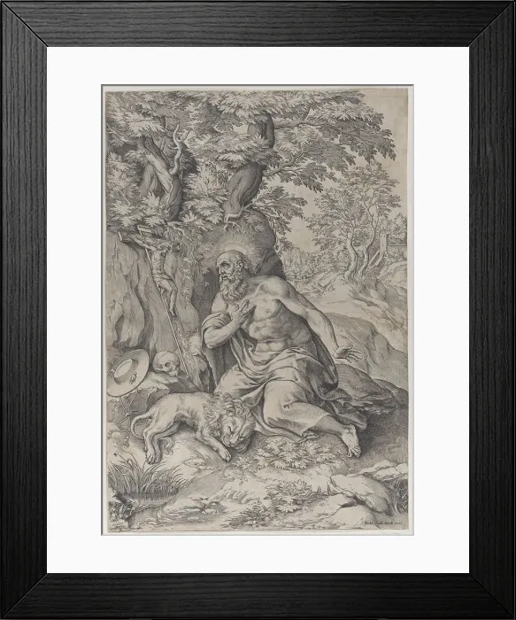 Framed Print : Saint Jerome in the wilderness, with a lion at left, 1578-80. 1578-80. Creator: Michelangelo Marelli Framed Print : Saint Jerome in the wilderness, with a lion at left, 1578-80. 1578-80. Creator: Michelangelo Marelli