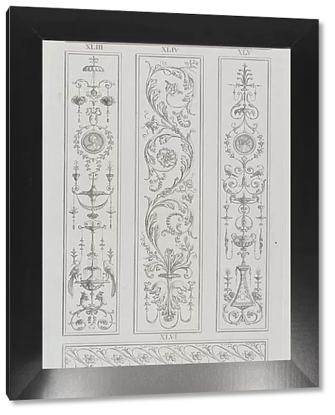 Panels of Ornament, nos. XLII-XLVI ('Designs for Various Ornaments, ' pl. 14), May 30, 1778. Creator: Michelangelo Pergolesi. Panels of Ornament, nos. XLII-XLVI ('Designs for Various Ornaments, ' pl. 14), May 30, 1778