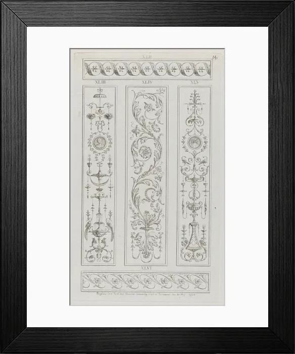 Framed Print : Panels of Ornament, nos. XLII-XLVI ('Designs for Various Ornaments, pl. 14), May 30, 1778. Creator: Michelangelo Pergolesi. Panels of Ornament, nos. XLII-XLVI ('Designs for Various Ornaments, pl. 14), May 30, 1778 Framed Print : Panels of Ornament, nos. XLII-XLVI ('Designs for Various Ornaments, pl. 14), May 30, 1778. Creator: Michelangelo Pergolesi. Panels of Ornament, nos. XLII-XLVI ('Designs for Various Ornaments, pl. 14), May 30, 1778