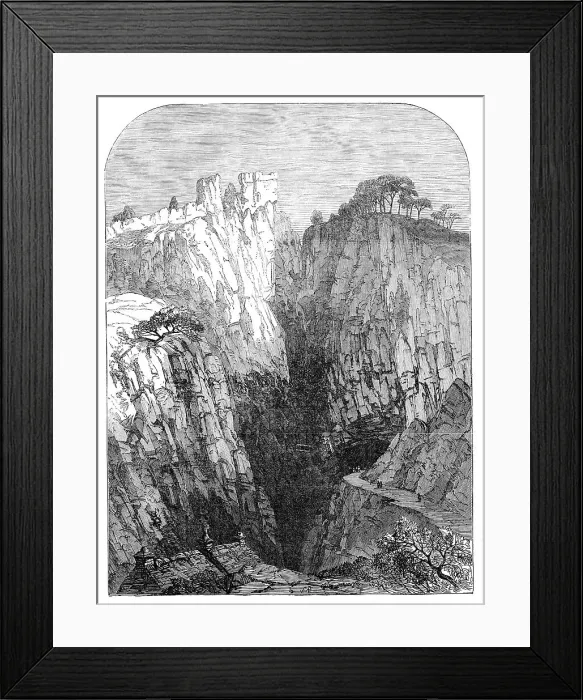 Framed Print : Peveril Castle, and entrance to the Peak Cavern, 1854. Creator: Unknown Framed Print : Peveril Castle, and entrance to the Peak Cavern, 1854. Creator: Unknown