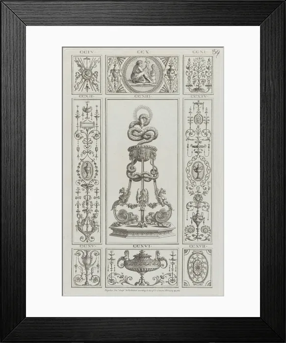Framed Print : Tripod and Panels of Ornament, nos. CCIV-CCXVII ('Designs for Various Ornamen... February 29, 1782. Creator: Michelangelo Pergolesi. Tripod and Panels of Ornament, nos. CCIV-CCXVII ('Designs for Various Ornamen... February 29, 1782) Framed Print : Tripod and Panels of Ornament, nos. CCIV-CCXVII ('Designs for Various Ornamen... February 29, 1782. Creator: Michelangelo Pergolesi. Tripod and Panels of Ornament, nos. CCIV-CCXVII ('Designs for Various Ornamen... February 29, 1782)