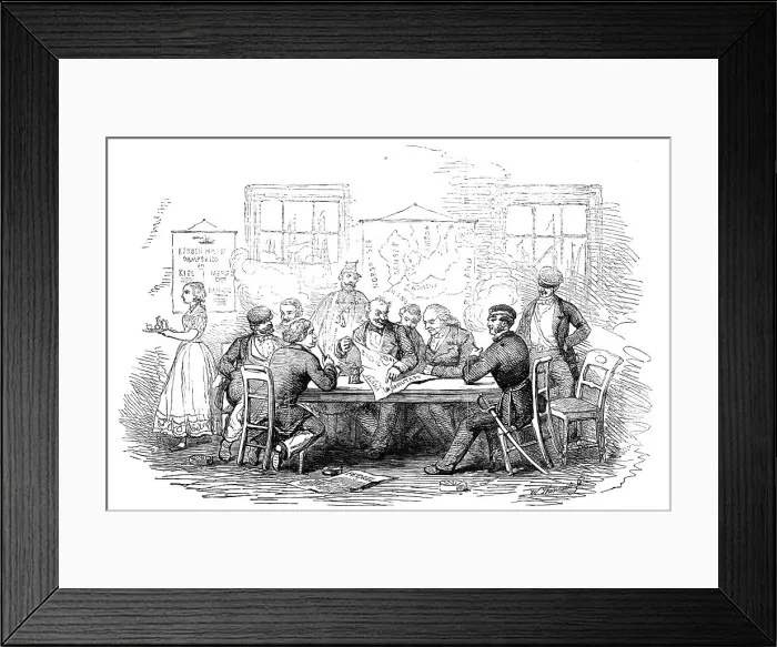 Framed Print : Discussing the War, in a Coffee-House, at Copenhagen - sketched by E.T. Dolby, 1854. Creator: W Thomas Framed Print : Discussing the War, in a Coffee-House, at Copenhagen - sketched by E.T. Dolby, 1854. Creator: W Thomas