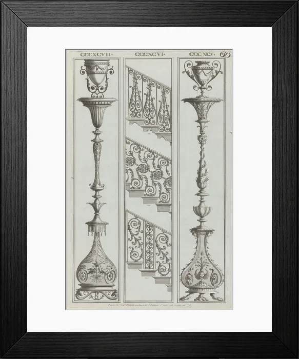 Framed Print : Candelabra Designs and Stair Railing Designs, nos. CCCXCV-CCCXCVII and 398-400 ('... April 1, 1792. Creator: Michelangelo Pergolesi. Candelabra Designs and Stair Railing Designs, nos. CCCXCV-CCCXCVII and 398-400 ('... April 1, 1792) Framed Print : Candelabra Designs and Stair Railing Designs, nos. CCCXCV-CCCXCVII and 398-400 ('... April 1, 1792. Creator: Michelangelo Pergolesi. Candelabra Designs and Stair Railing Designs, nos. CCCXCV-CCCXCVII and 398-400 ('... April 1, 1792)