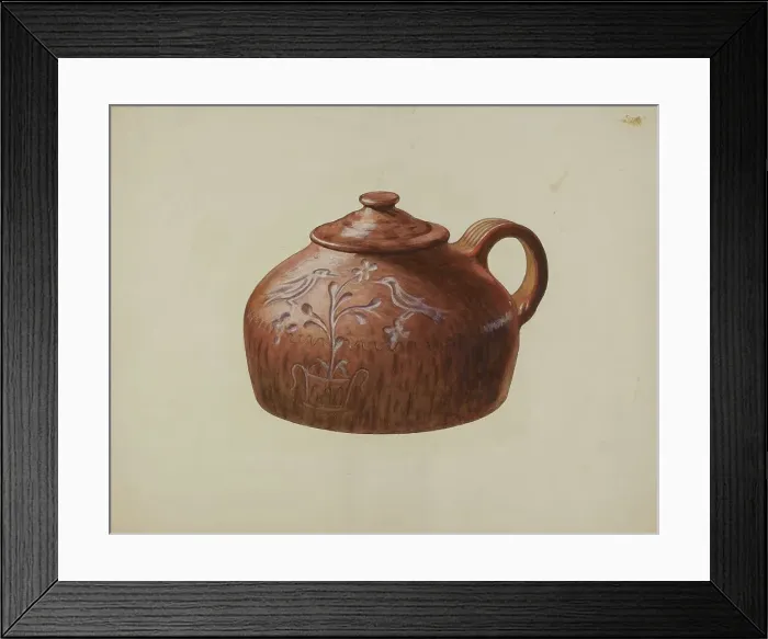 Framed Print : Pa. German Bean Pot with Lid, c. 1941. Creator: Henrietta S. Bukill Framed Print : Pa. German Bean Pot with Lid, c. 1941. Creator: Henrietta S. Bukill