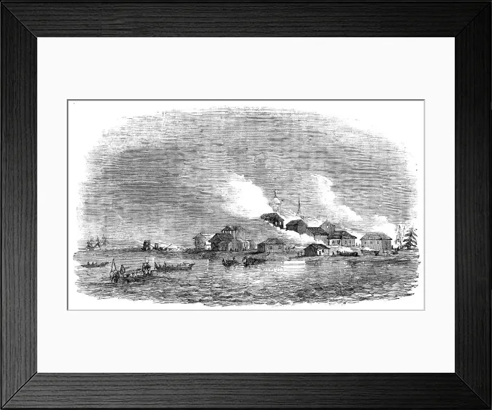 Framed Print : Burning of the town of Novitska, in the White Sea, 1854. Creator: Unknown Framed Print : Burning of the town of Novitska, in the White Sea, 1854. Creator: Unknown