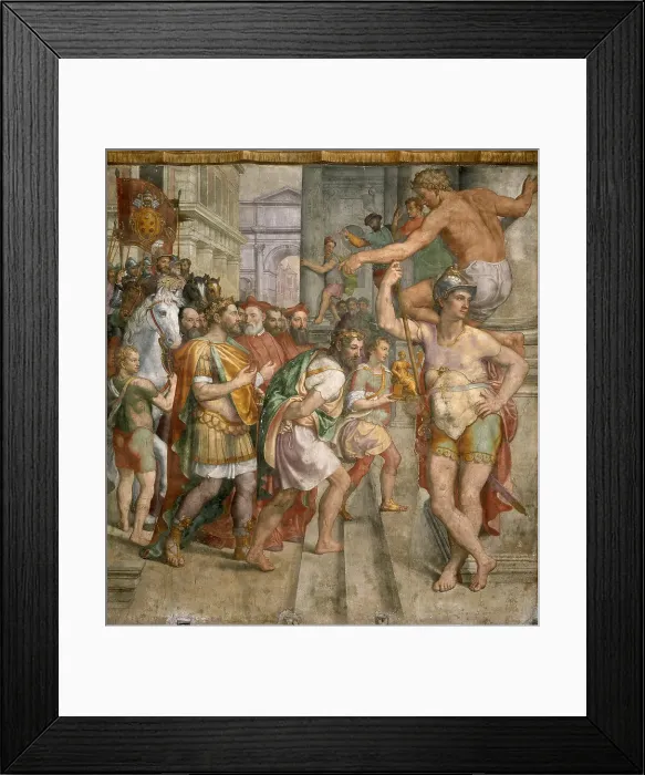 Framed Print : The Donation of Pepin the Short to Pope Stephen II, c. 1565. Creator: Siciolante da Sermoneta, Girolamo (1521-c. 1580) Framed Print : The Donation of Pepin the Short to Pope Stephen II, c. 1565. Creator: Siciolante da Sermoneta, Girolamo (1521-c. 1580)