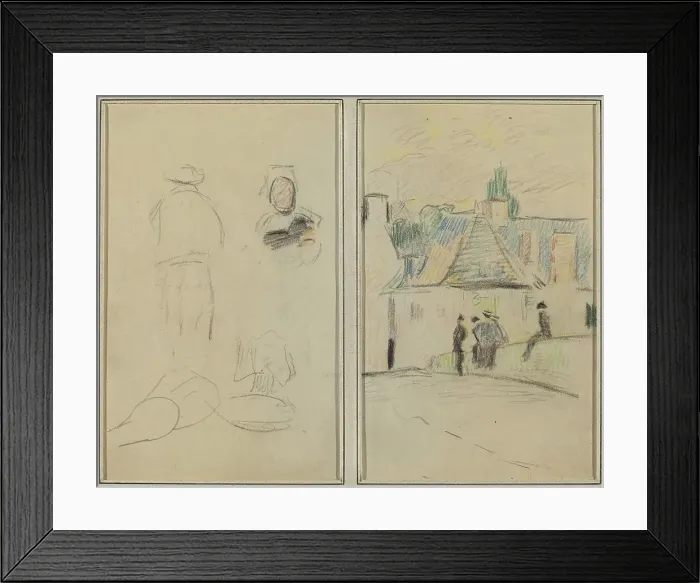 Framed Print : Two Breton Figures; Bridge at Pont-Aven [recto], 1884-1888. Creator: Paul Gauguin