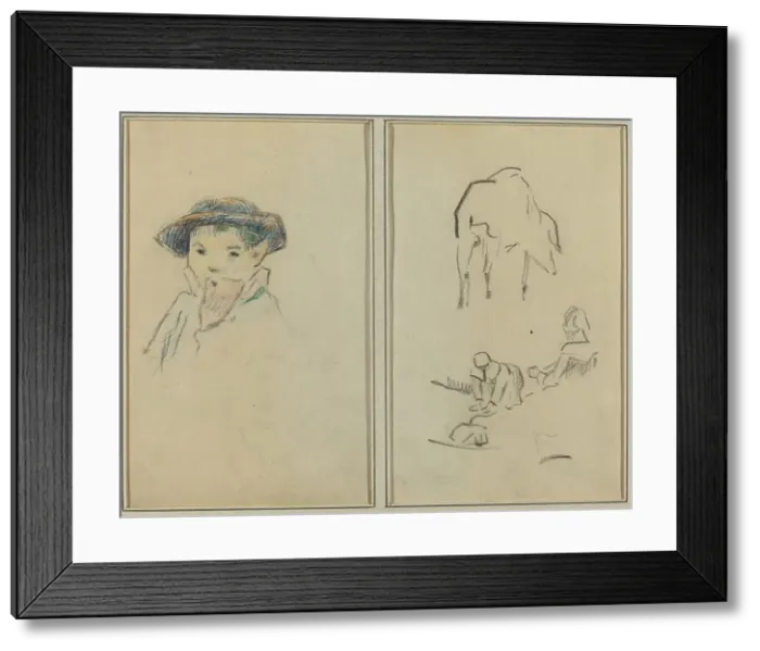 Framed Print : Little Breton Boy; A Pig and a Washerwoman [recto], 1884-1888. Creator: Paul Gauguin