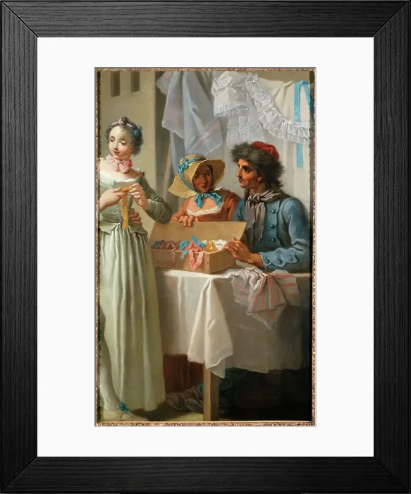Framed Print : Le marchand de rubans (fragment), c1753. Creator: Etienne Jeaurat Framed Print : Le marchand de rubans (fragment), c1753. Creator: Etienne Jeaurat