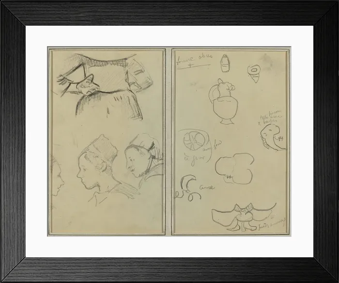 Framed Print : Four Studies of Breton Women; Shapes and Vases [verso], 1884-1888. Creator: Paul Gauguin