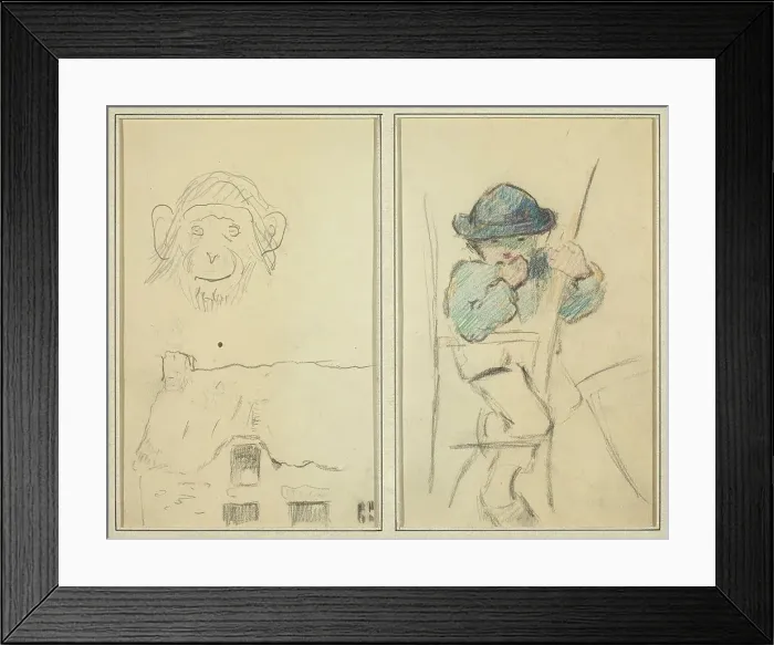 Framed Print : Monkey and Cottage; Little Breton Boy [recto], 1884-1888. Creator: Paul Gauguin