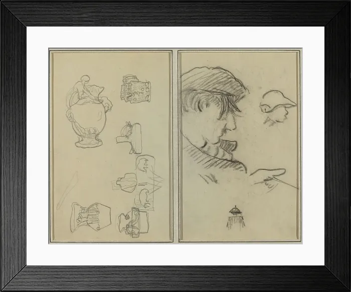 Framed Print : Studies of Jugs and Vases; A Man with Moustache and a Boy with a Hat [recto], 1884-1888. Creator: Paul Gauguin
