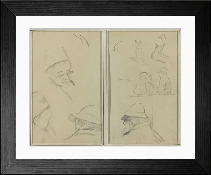 Framed Print : Three Studies of Men's Heads, One with Spectacles; Dogs, Children, and Two...[verso], 1884-1888. Creator: Paul Gauguin