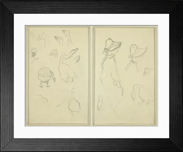 Framed Print : Geese; Girls in Bonnets, Geese [recto], 1884-1888. Creator: Paul Gauguin