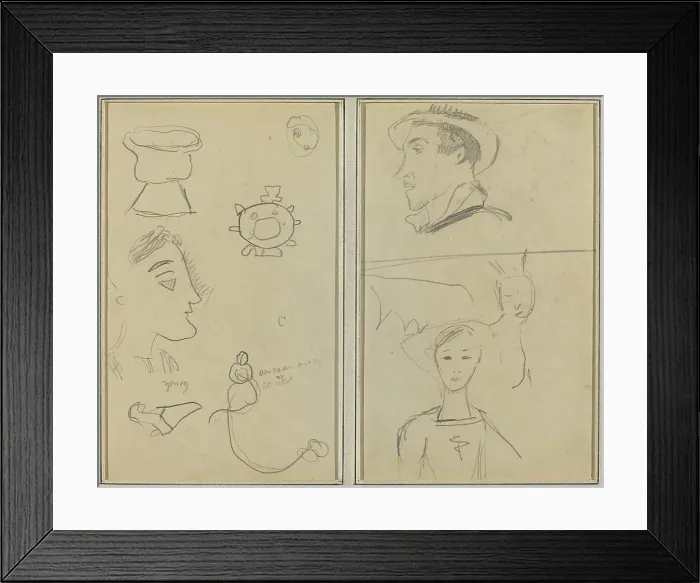 Framed Print : A Caricature and Five Forms; A Man in Profile, a Winged Creature and a Boy [verso], 1884-1888. Creator: Paul Gauguin