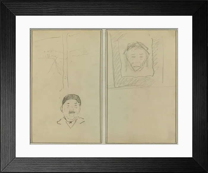 Framed Print : Landscape and Head of Man; Head of Monkey Inside a Square [recto], 1884-1888. Creator: Paul Gauguin