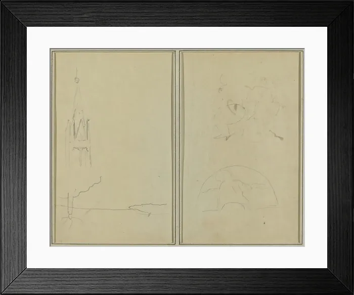 Framed Print : Church Tower; A Sketch of a Fan [recto], 1884-1888. Creator: Paul Gauguin