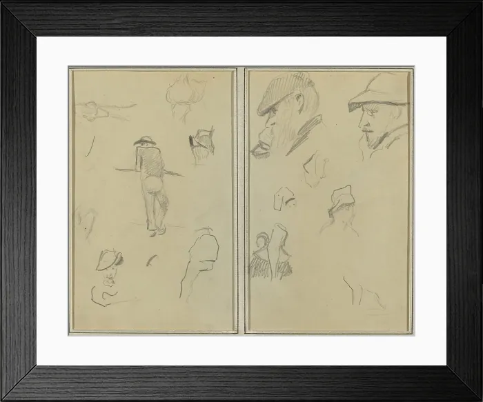 Framed Print : A Man Leaning on a Wall with Five Other Studies; Two Bearded Men Wearing... [recto], 1884-1888. Creator: Paul Gauguin