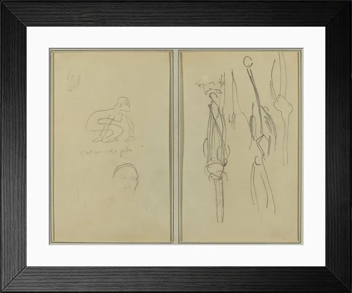 Framed Print : Crouching Monkey and Man's Head; Bones and Muscles [verso], 1884-1888. Creator: Paul Gauguin