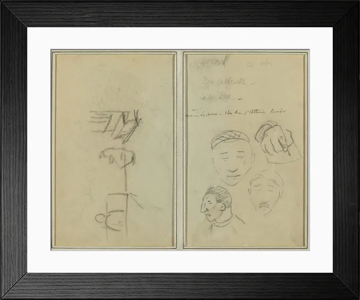 Framed Print : Two Figures and a Bench; Three Studies of Men's Heads and One of a Hand [recto], 1884-1888. Creator: Paul Gauguin