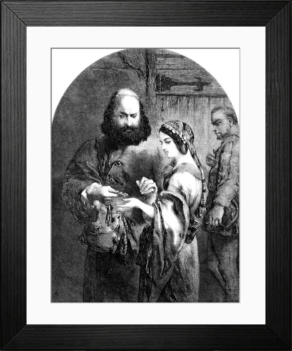 Framed Print : Shylock and Jessica - drawn by John Gilbert, 1854. Creator: Unknown. Shylock and Jessica - drawn by John Gilbert, 1854. Creator: Unknown Framed Print : Shylock and Jessica - drawn by John Gilbert, 1854. Creator: Unknown. Shylock and Jessica - drawn by John Gilbert, 1854. Creator: Unknown