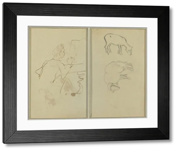 Framed Print : Man Playing Piano; Two Sheep [verso], 1884-1888. Creator: Paul Gauguin