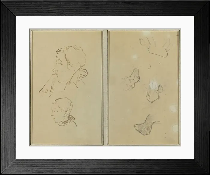 Framed Print : Two Heads; Studies of Sheep [recto], 1884-1888. Creator: Paul Gauguin