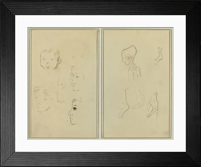 Framed Print : Five Studies of Heads; A Boy in Profile with Studies of Hands and Feet [verso], 1884-1888. Creator: Paul Gauguin