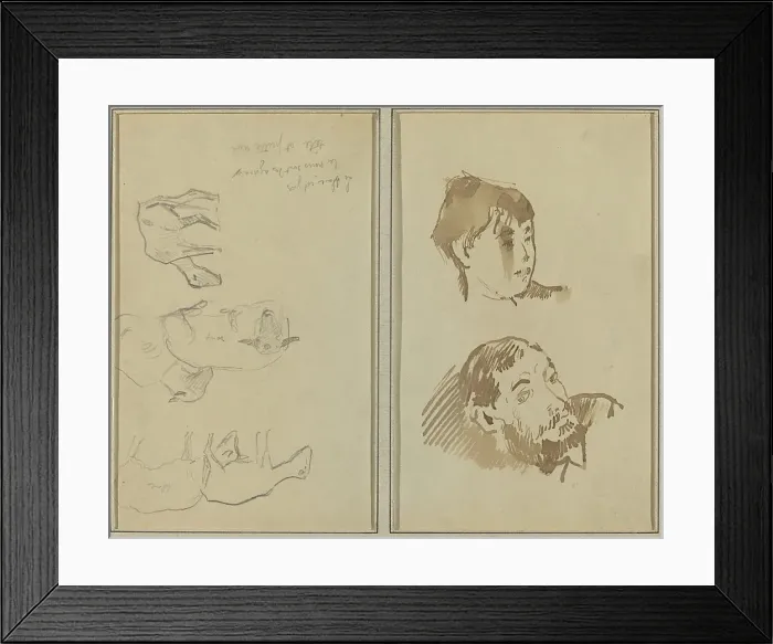 Framed Print : Five Sheep; Head of a Woman and Head of a Bearded Man [recto], 1884-1888. Creator: Paul Gauguin