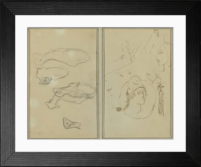 Framed Print : Five Sheep; Four Head Studies [verso], 1884-1888. Creator: Paul Gauguin