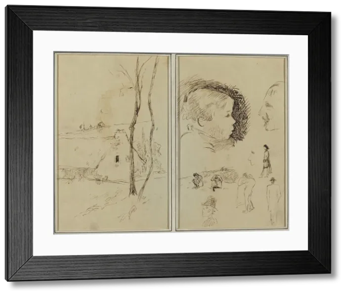 Framed Print : Landscape with a Cottage; Profile of Boy, Profile of Man, Two Women... [verso], 1884-1888. Creator: Paul Gauguin